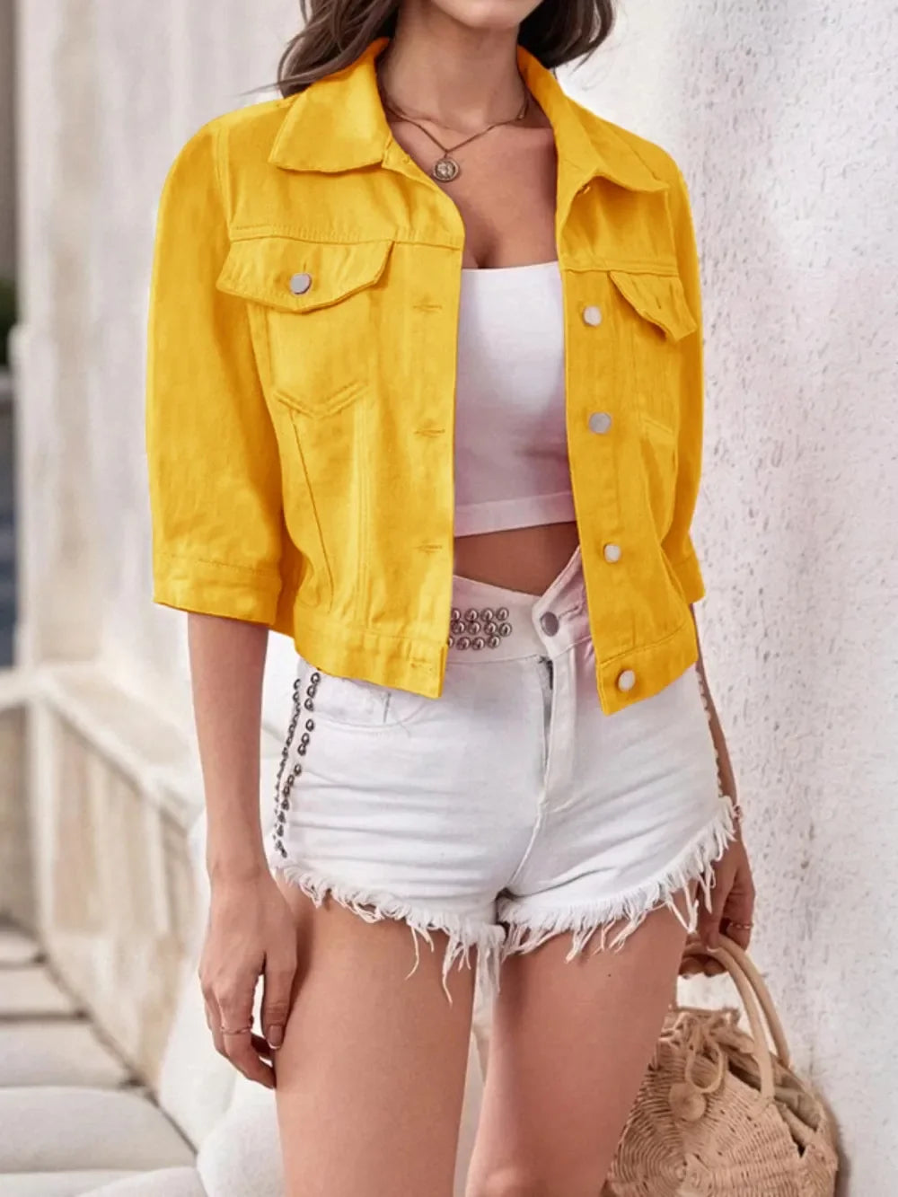 Full Size Cropped Denim Jacket Plus Size - Piña Colada