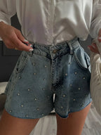 Rhinestone High Waist Denim Shorts - Piña Colada