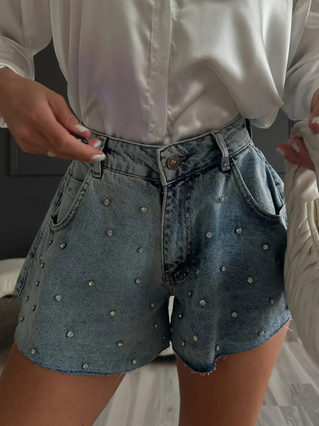 Rhinestone High Waist Denim Shorts - Piña Colada