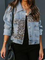 Distressed Leopard Drop Shoulder Denim Jacket - Piña Colada