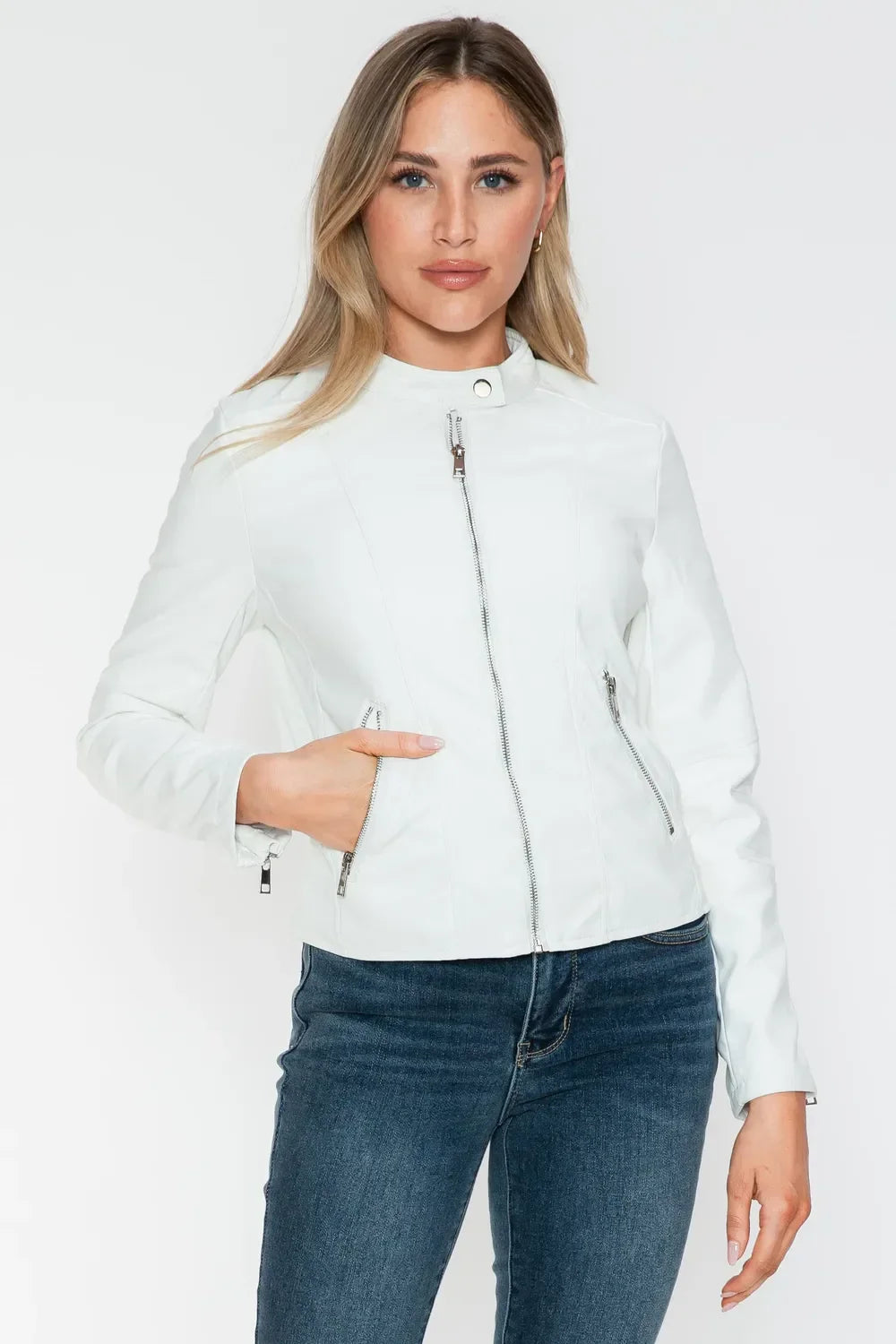 Snobbish PU Leather Zip Up Jacket with Pockets - Piña Colada
