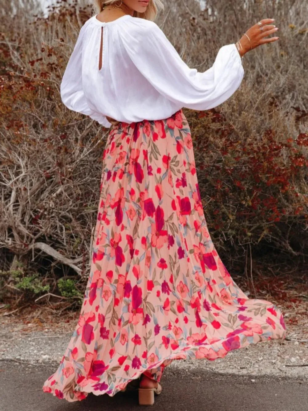 Printed Elastic Waist Pleated Maxi Skirt - Piña Colada