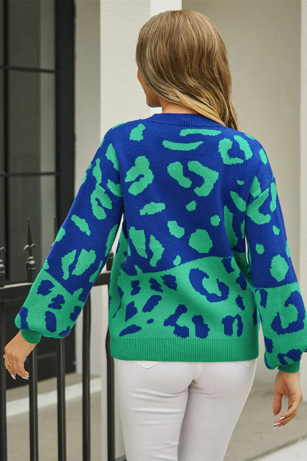 Angel Wings Woven Right Leopard Round Neck Dropped Shoulder Sweater - Piña Colada
