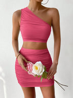 Ruched Single Shoulder Top and Skirt Set - Piña Colada