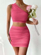 Ruched Single Shoulder Top and Skirt Set - Piña Colada