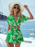 Printed Tie Front Top and Shorts Set - Piña Colada