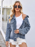 Pearl Trim Raw Hem Denim Jacket - Piña Colada