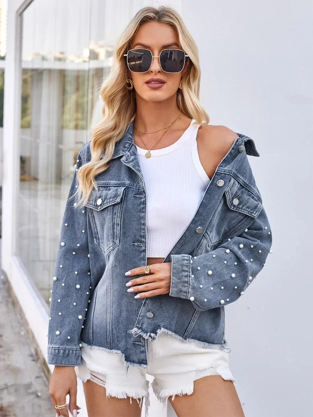Pearl Trim Raw Hem Denim Jacket - Piña Colada