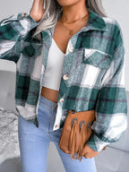 Plaid Collared Neck Long Sleeve Jacket - Piña Colada