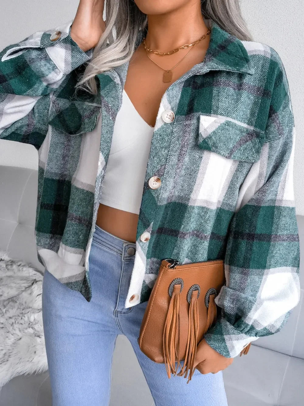 Plaid Collared Neck Long Sleeve Jacket - Piña Colada