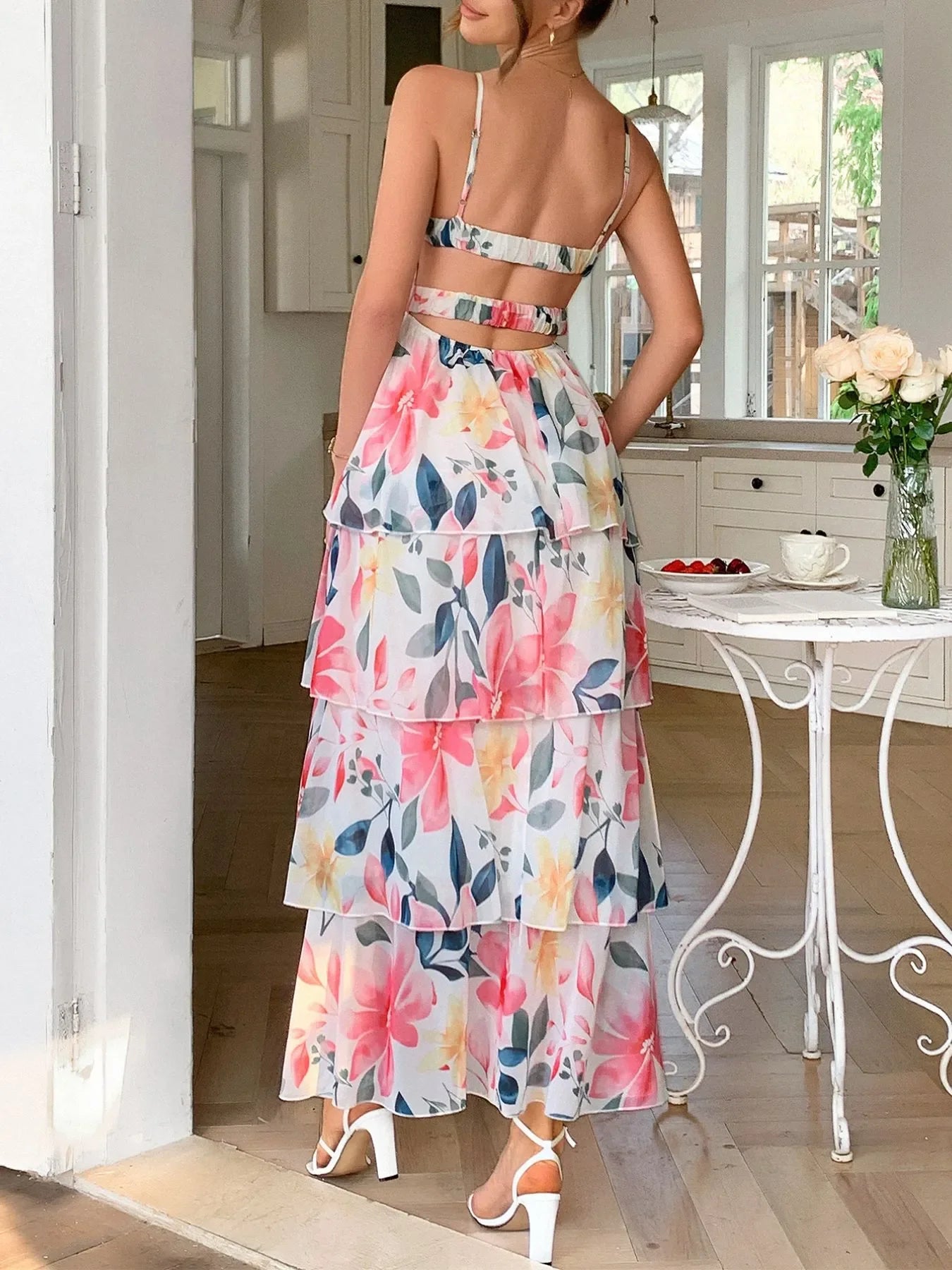 Floral Print Layered Maxi Cami Dress - Piña Colada