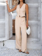 Devine Button Down Lace Detail Vest and Pants Set - Piña Colada