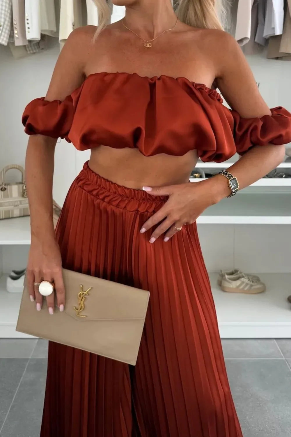 Off-Shoulder Top and Pleated Pants Set - Piña Colada
