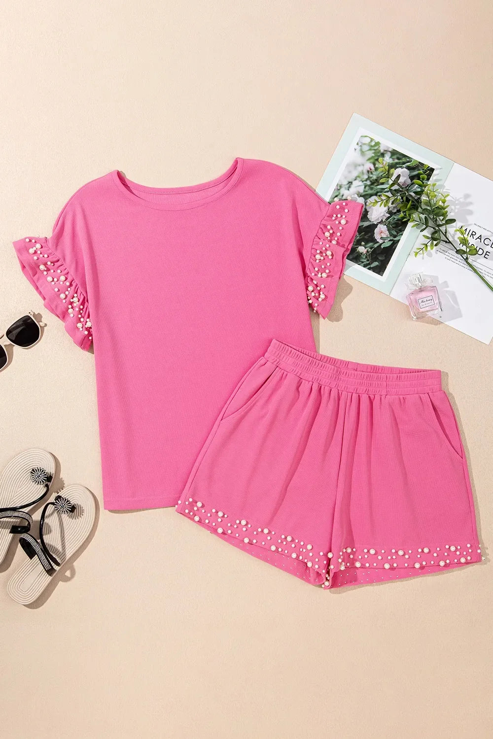 Pearl Embellished Top and Shorts Set - Piña Colada