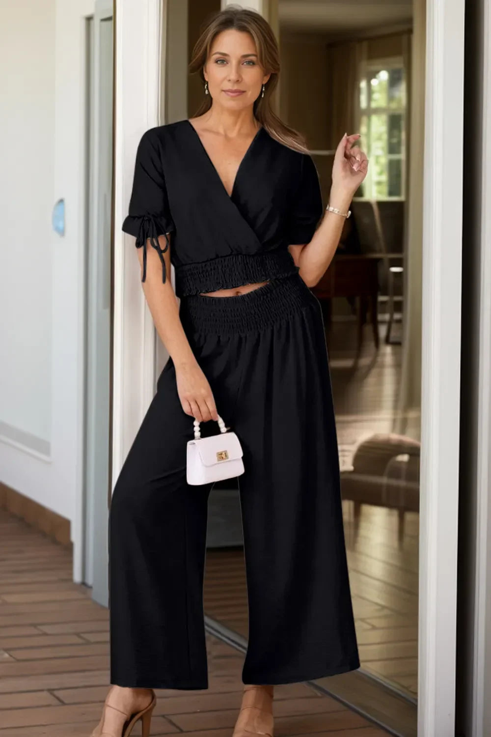 Surplice Short Sleeve Top and Pants Set - Piña Colada