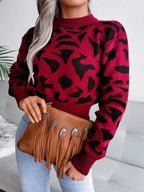 Leopard Round Neck Dropped Shoulder Sweater - Piña Colada