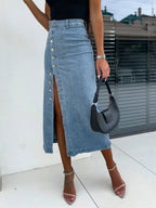 Front Button Slit Midi Denim Skirt - Piña Colada