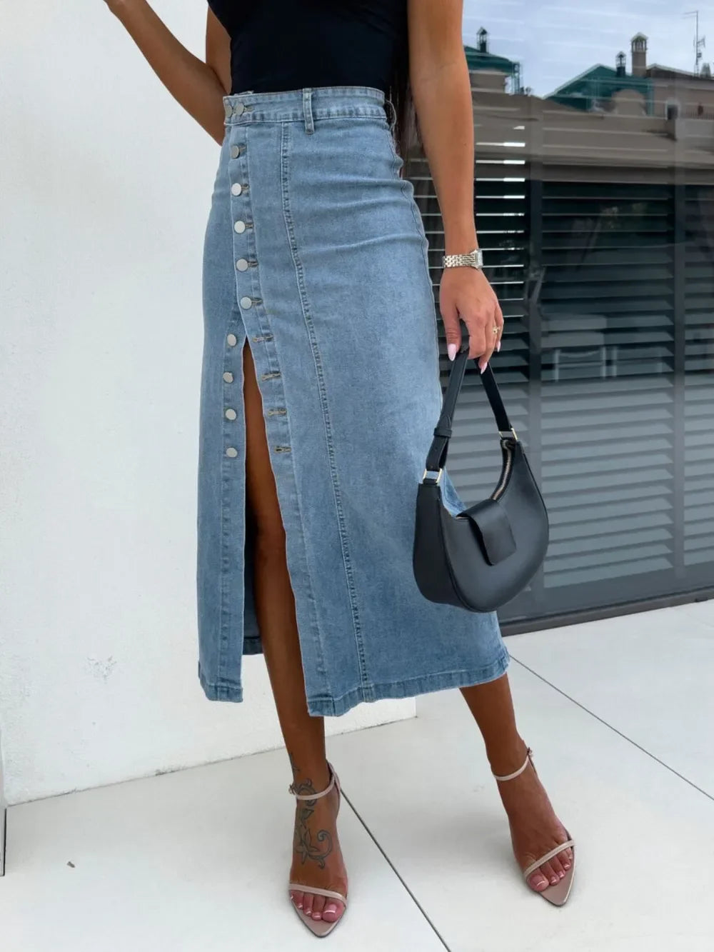 Front Button Slit Midi Denim Skirt - Piña Colada