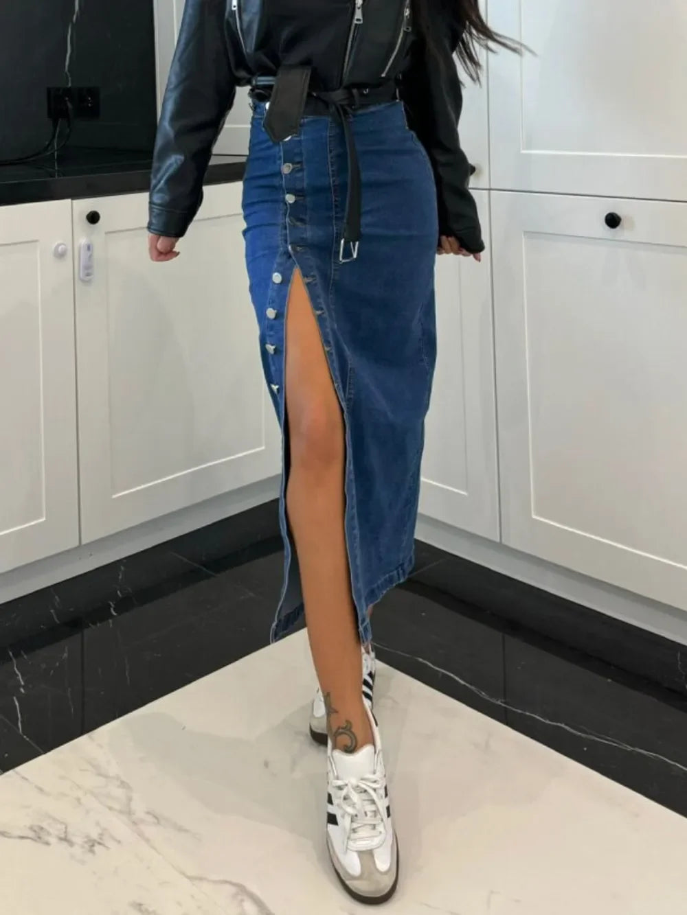 Front Button Slit Midi Denim Skirt - Piña Colada