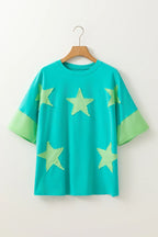 Oversized Star Patch T-Shirt – Raw Hem Split Design for Women - Piña Colada