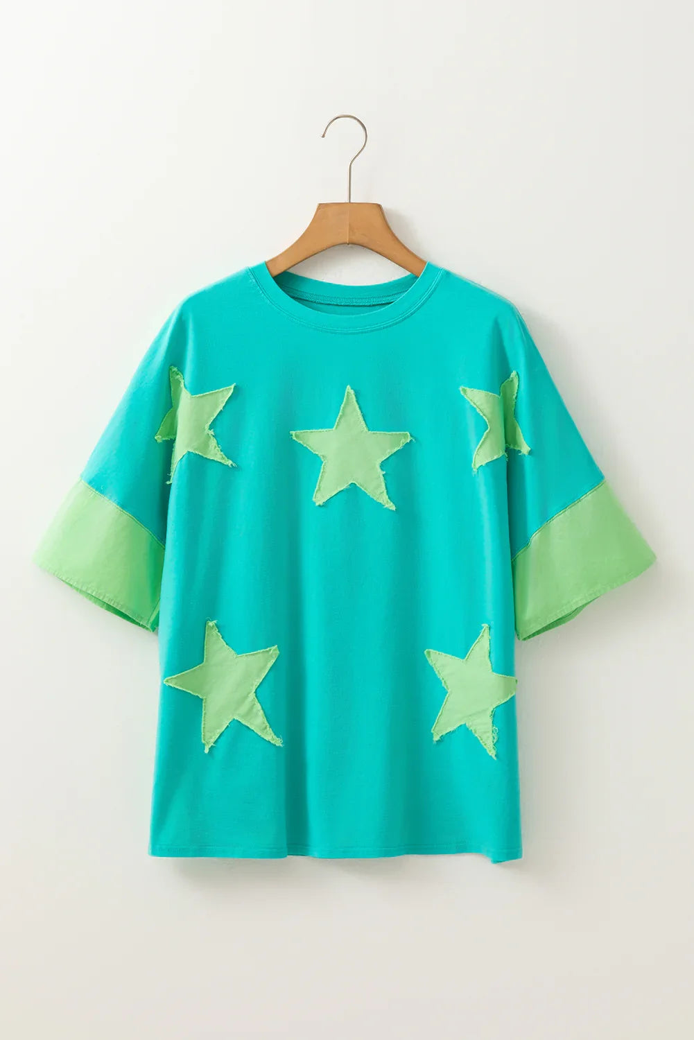 Oversized Star Patch T-Shirt – Raw Hem Split Design for Women - Piña Colada