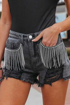 Rhinestone Fringe Distressed Denim Shorts - Piña Colada