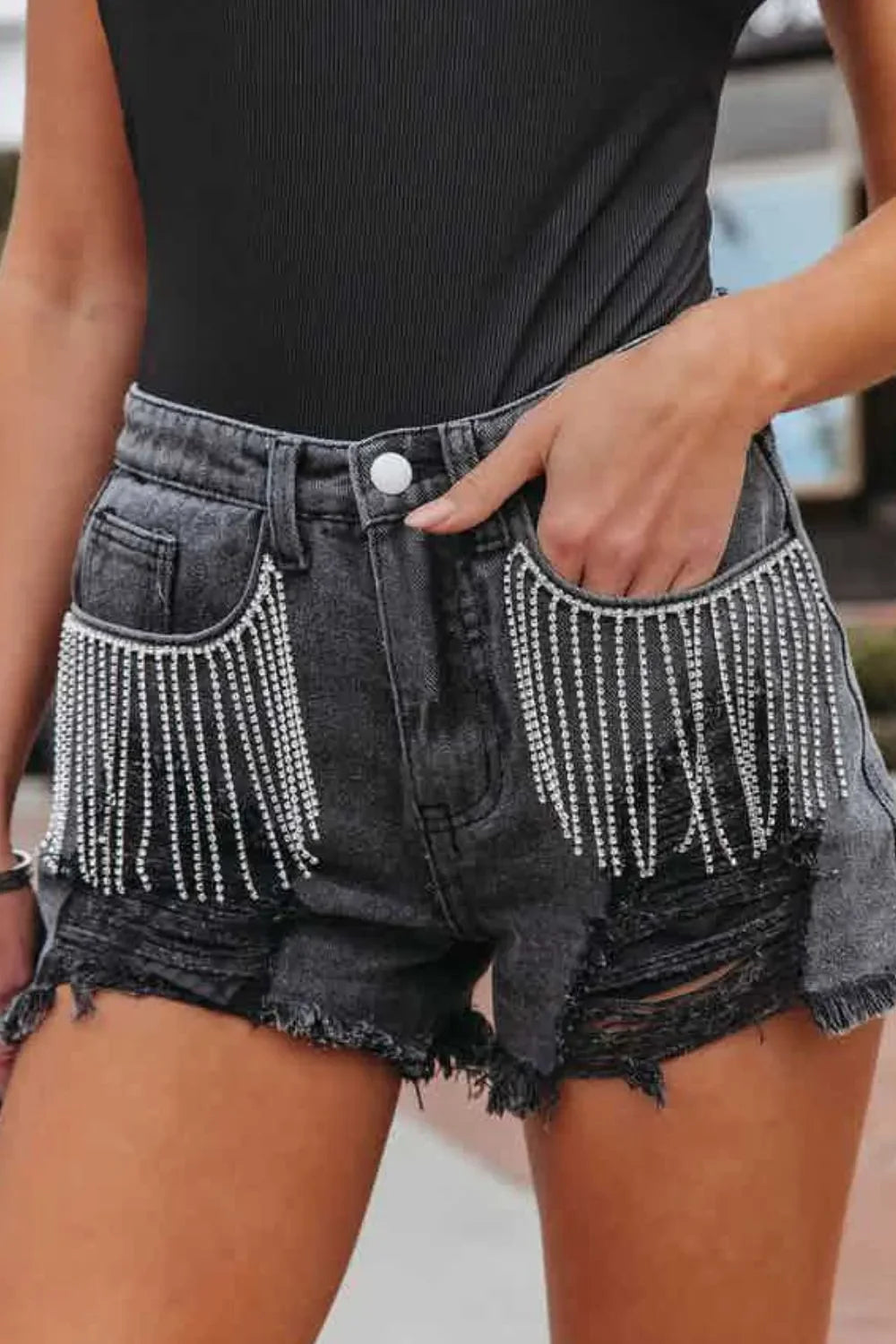 Rhinestone Fringe Distressed Denim Shorts - Piña Colada