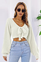 Bow V-Neck Long Sleeve Cropped Sweater - Piña Colada