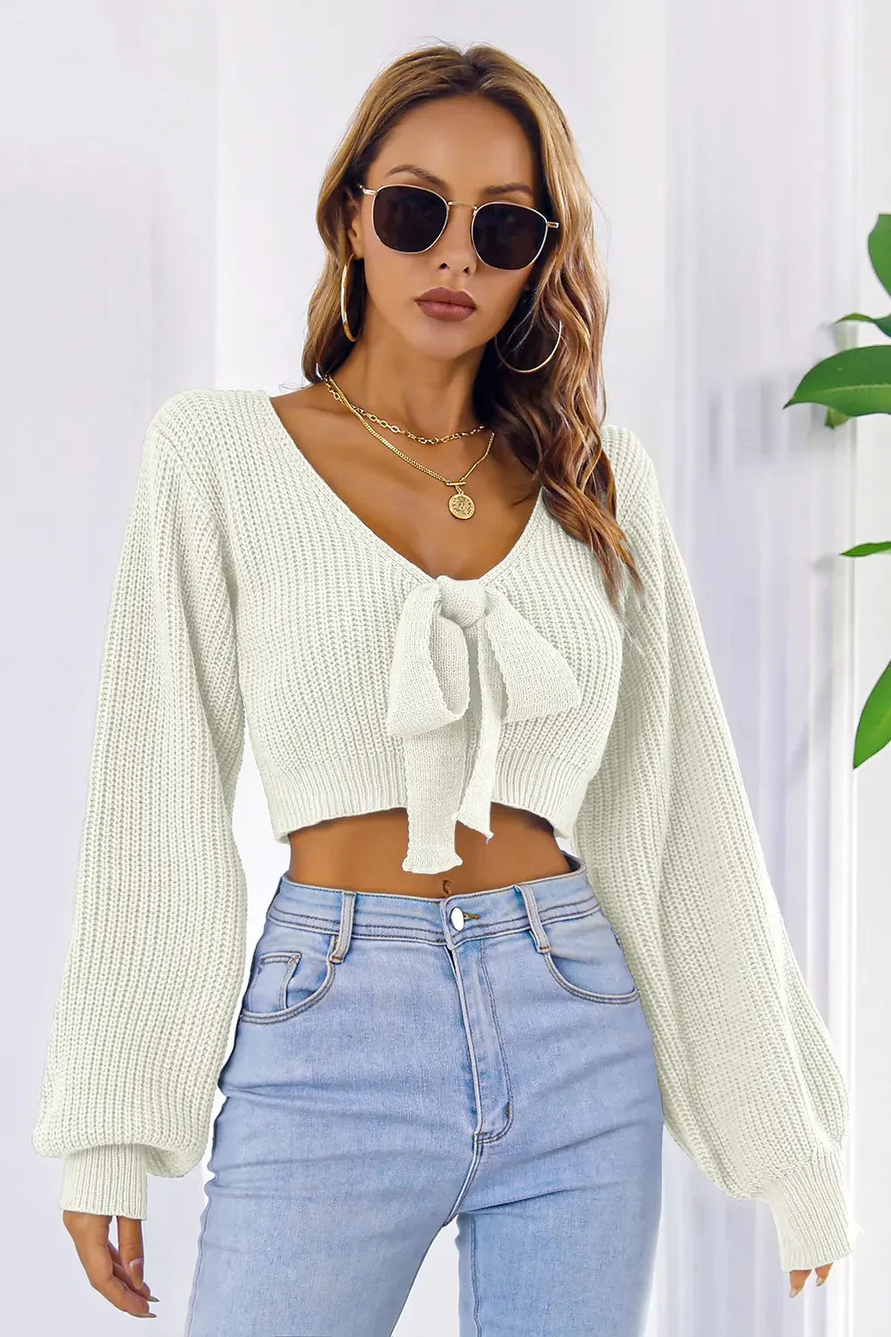 Bow V-Neck Long Sleeve Cropped Sweater - Piña Colada