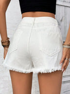 Distressed Raw Hem High Rise Denim Shorts - Piña Colada