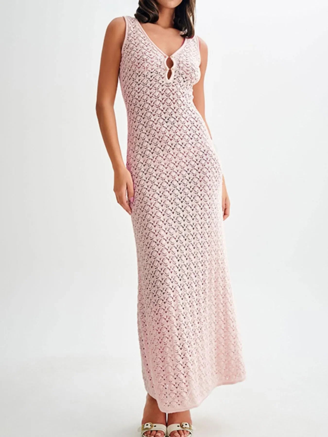 Lace Crochet V-Neck Sleeveless Maxi Dress - Piña Colada