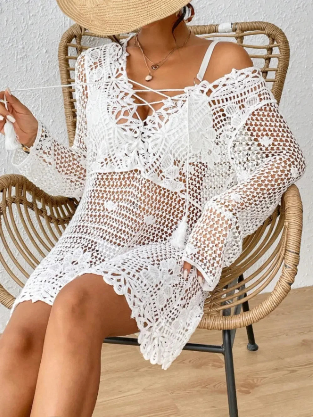 Cutout Tied V-Neck Long Sleeve Cover Up - Piña Colada