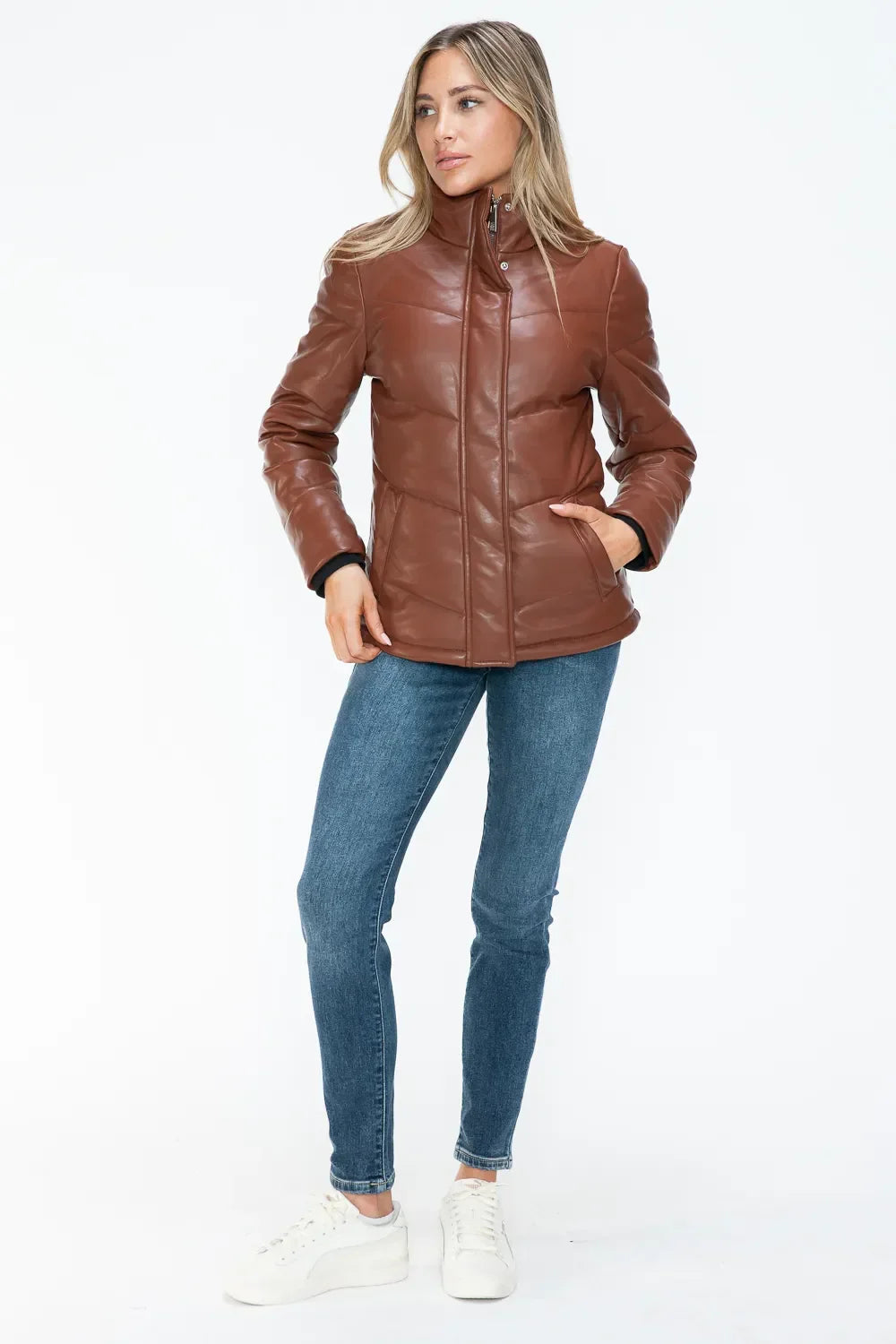 Snobbish Pocketed Zip Up Turtleneck Puffer Jacket - Piña Colada