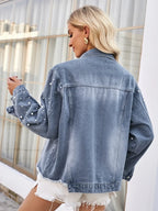 Pearl Trim Raw Hem Denim Jacket - Piña Colada