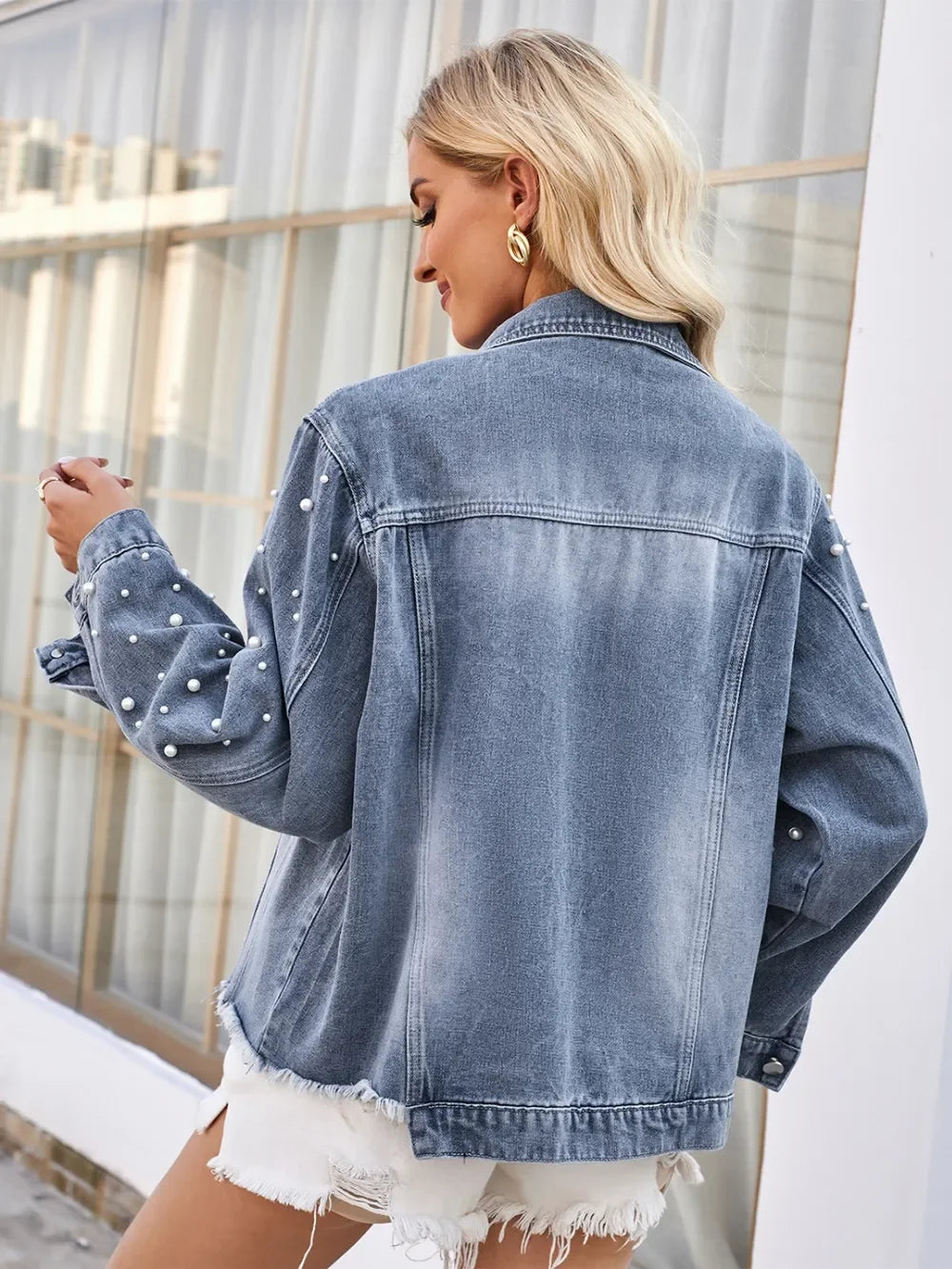 Pearl Trim Raw Hem Denim Jacket - Piña Colada