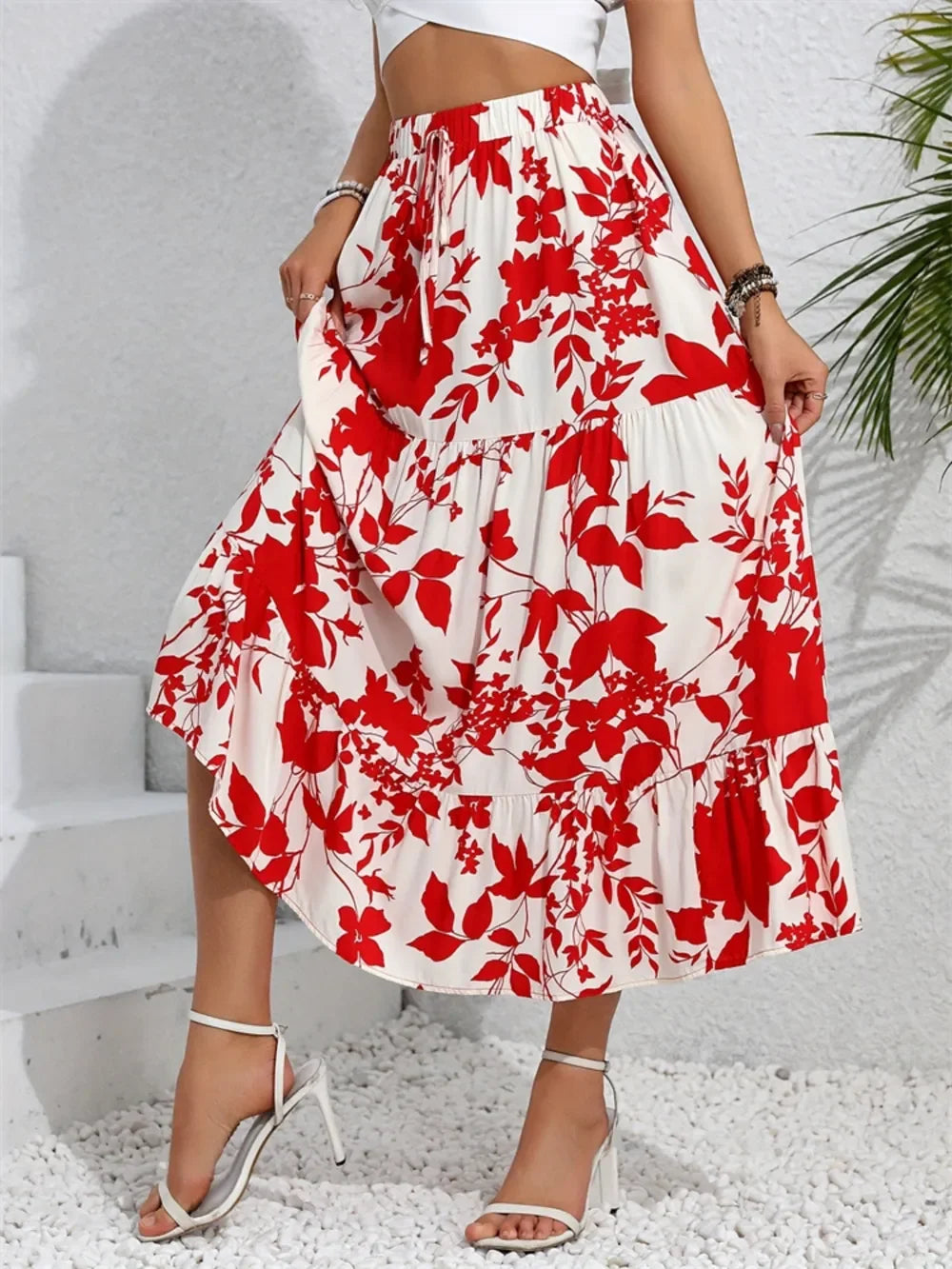 Ruffled Hem Printed Midi Skirt - Piña Colada