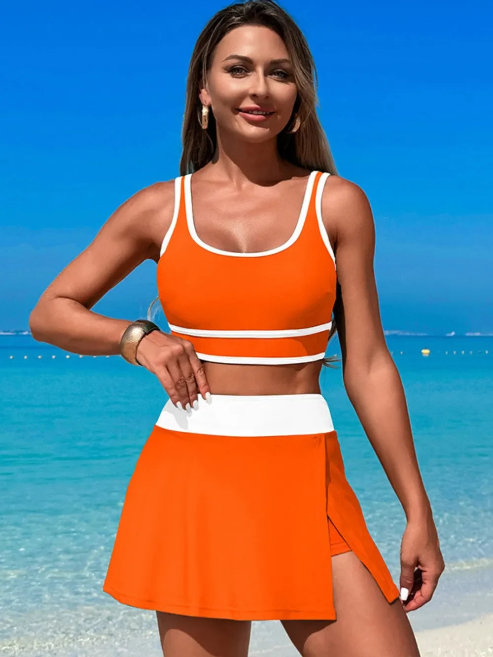 Scoop Neck Top and Skort Swim Set - Piña Colada