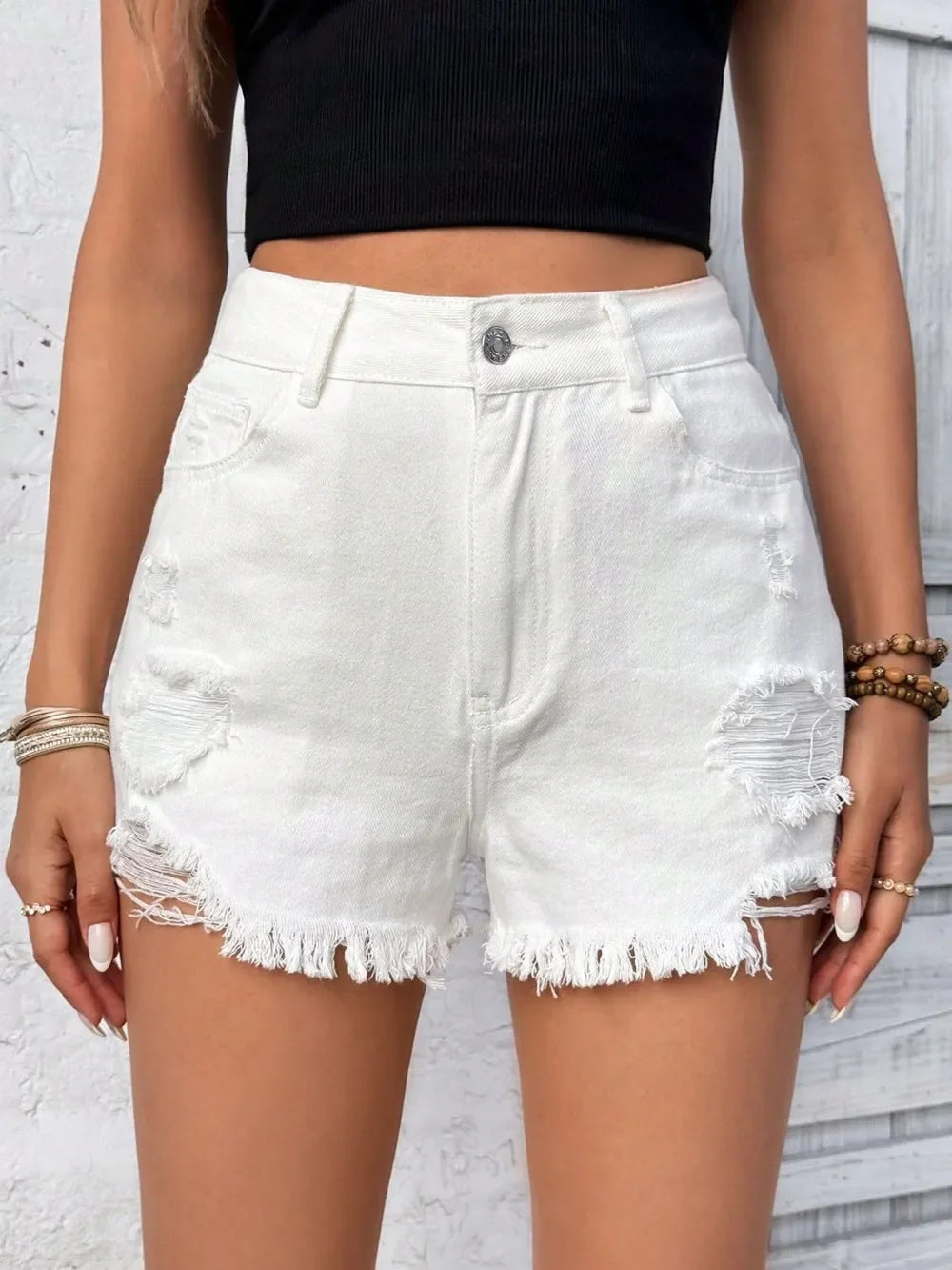 Distressed Raw Hem High Rise Denim Shorts - Piña Colada