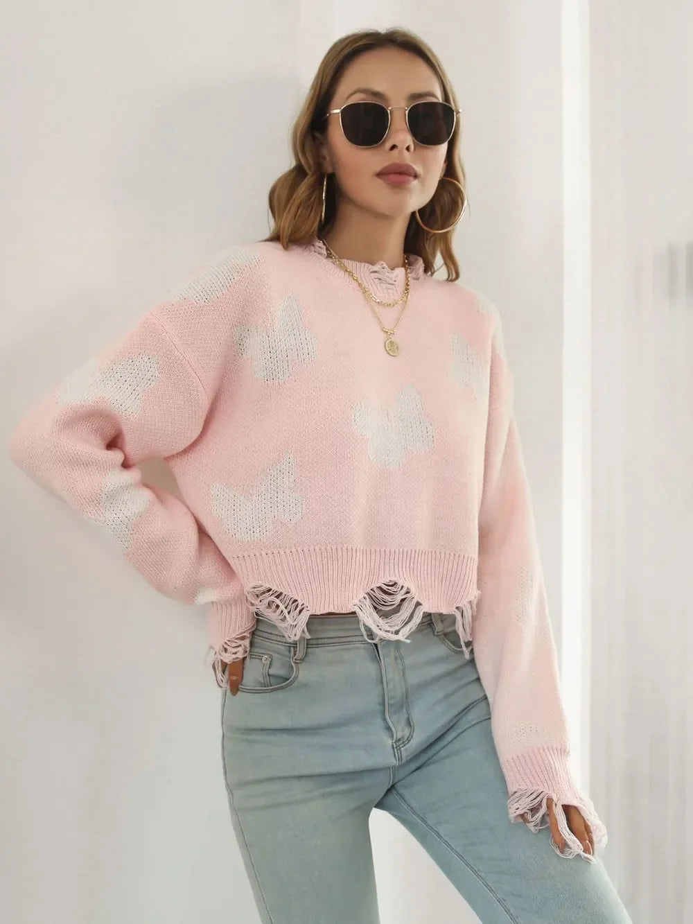 Distressed Butterfly Cropped Sweater - Piña Colada