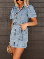 Button-Up Puff Sleeve Denim Shirt Dress. - Piña Colada