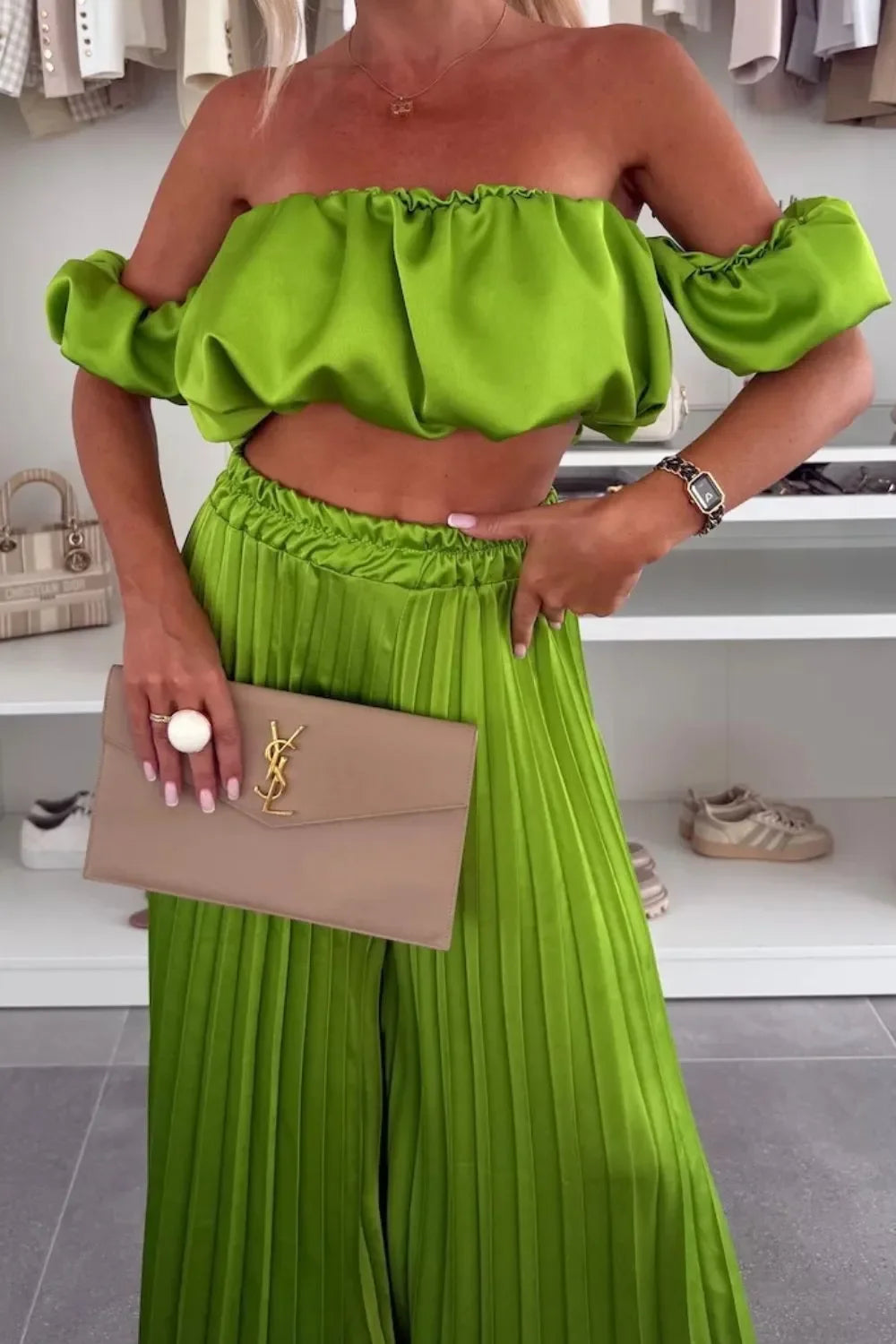 Off-Shoulder Top and Pleated Pants Set - Piña Colada