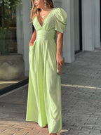 Full Size Cutout V-Neck Puff Sleeve Jumpsuit Plus Size - Piña Colada