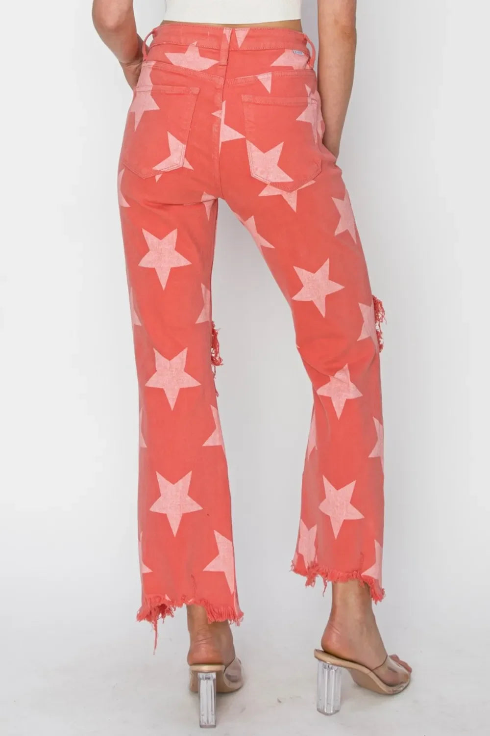 RISEN Full Size Distressed Raw Hem Star Pattern Jeans - Piña Colada