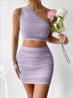 Ruched Single Shoulder Top and Skirt Set - Piña Colada
