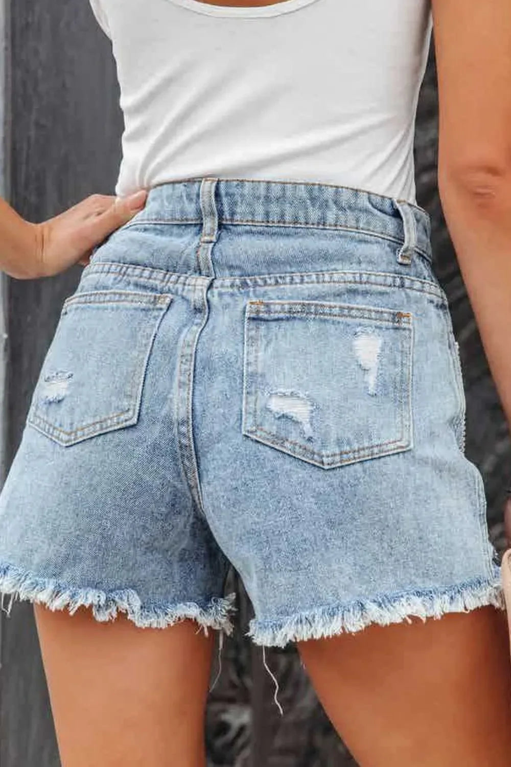 Rhinestone Fringe Distressed Denim Shorts - Piña Colada