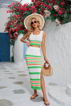 Striped Openwork Cropped Tank and Split Skirt Set - Piña Colada