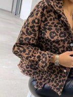 Raw Hem Leopard Collared Neck Denim Jacket - Piña Colada