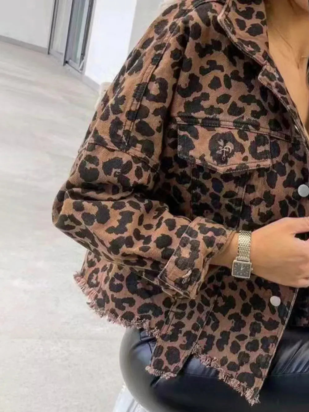 Raw Hem Leopard Collared Neck Denim Jacket - Piña Colada