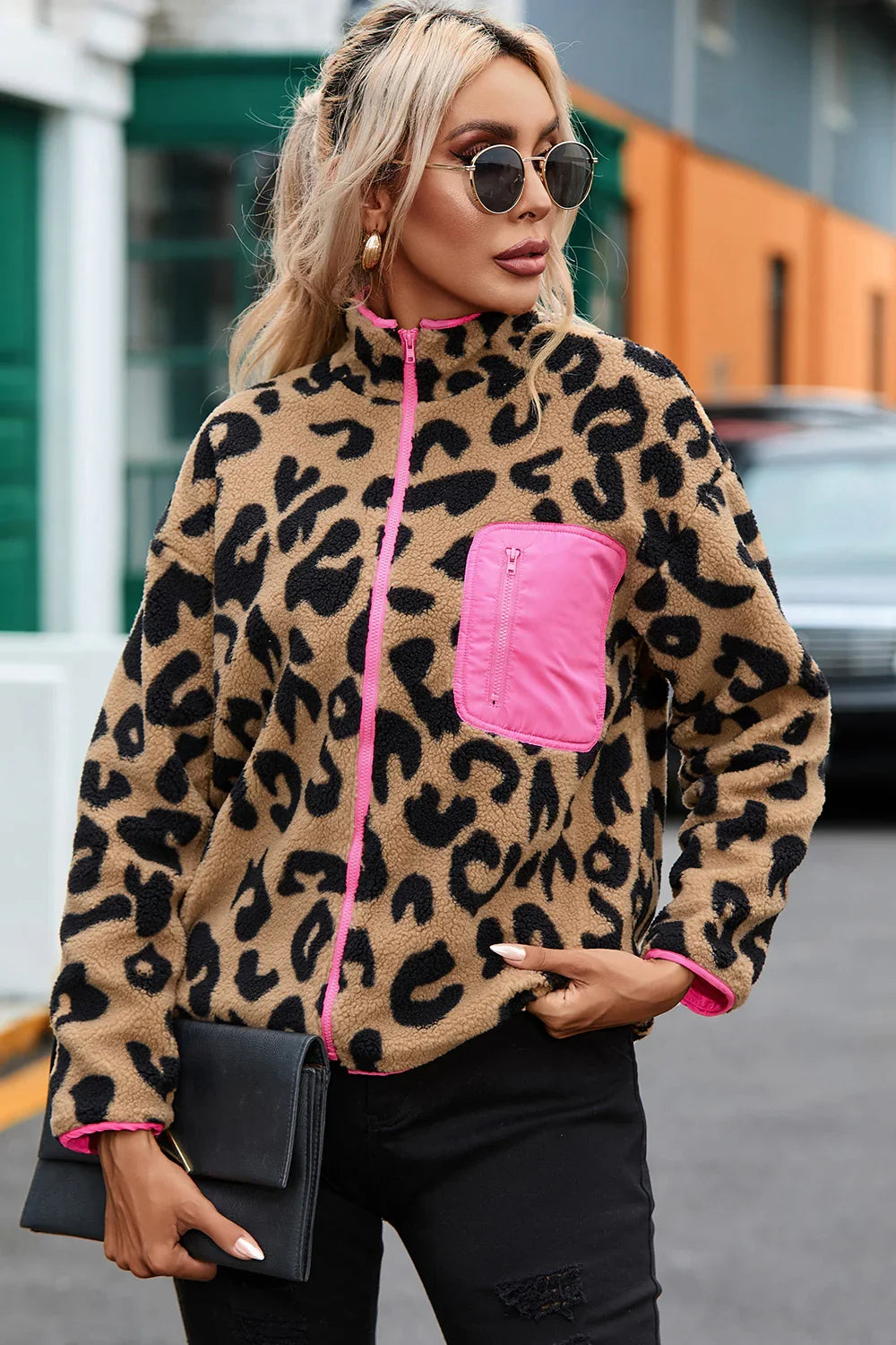 Leopard Zip-Up Dropped Shoulder Jacket - Piña Colada