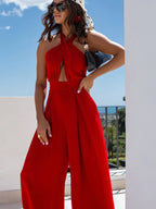 Wide Leg Cutout Halter Neck Jumpsuit - Piña Colada